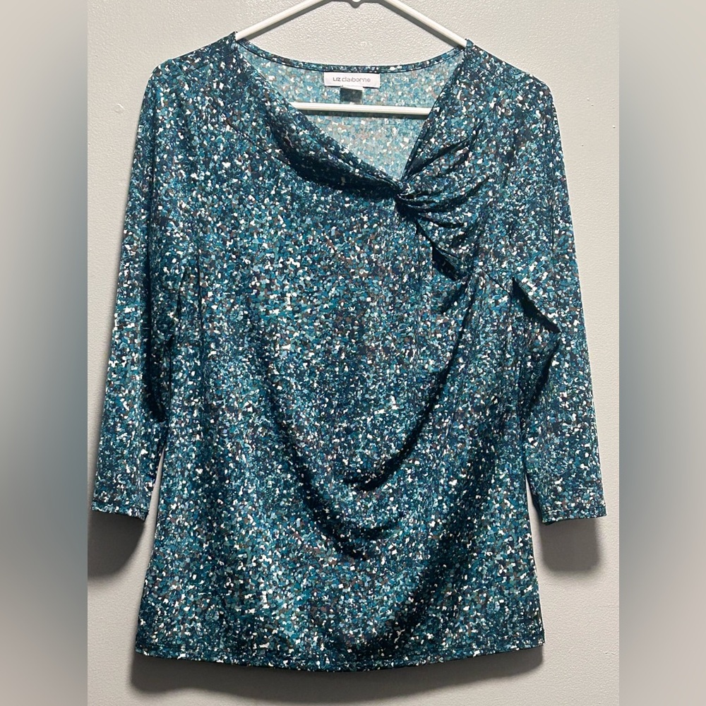 Liz Claiborne Green /Black /Blue and White 3/4 Sleeve Confetti Top Size Small